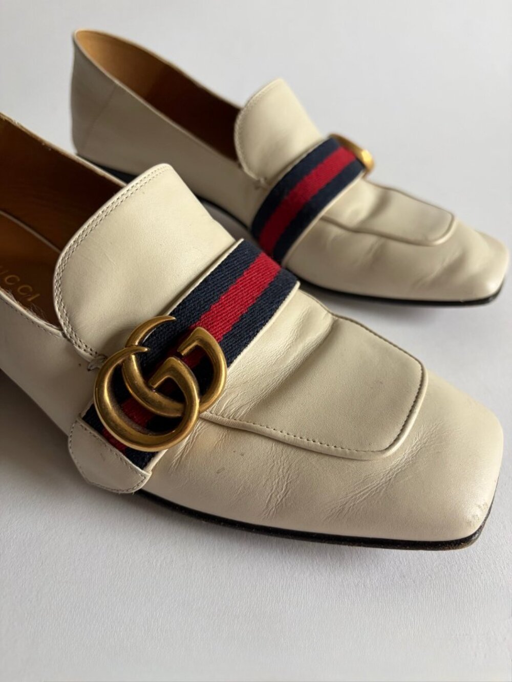 GUCCI PEYTON LEATHER PEARL HEELS MARMONT GG LOAFERS - Picture 6 of 11